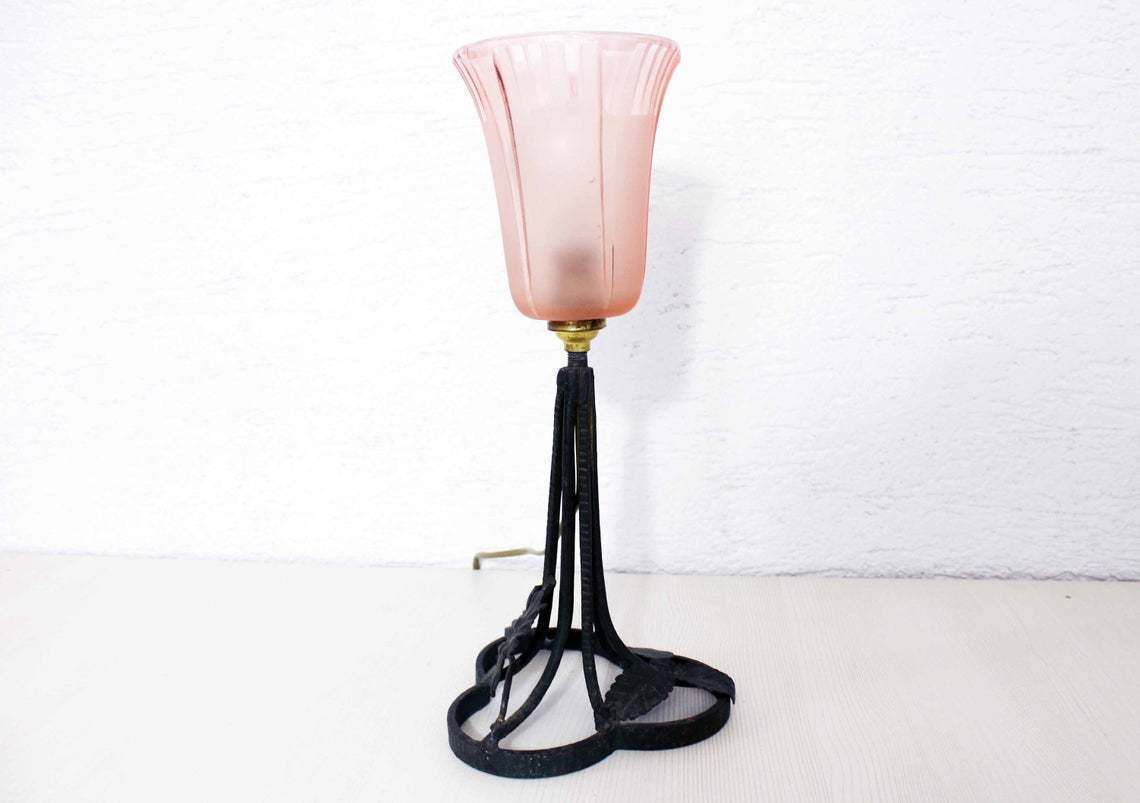 photo for sale 1930s Wrought Iron And Glass Lamp. Art Deco Art Nouveau