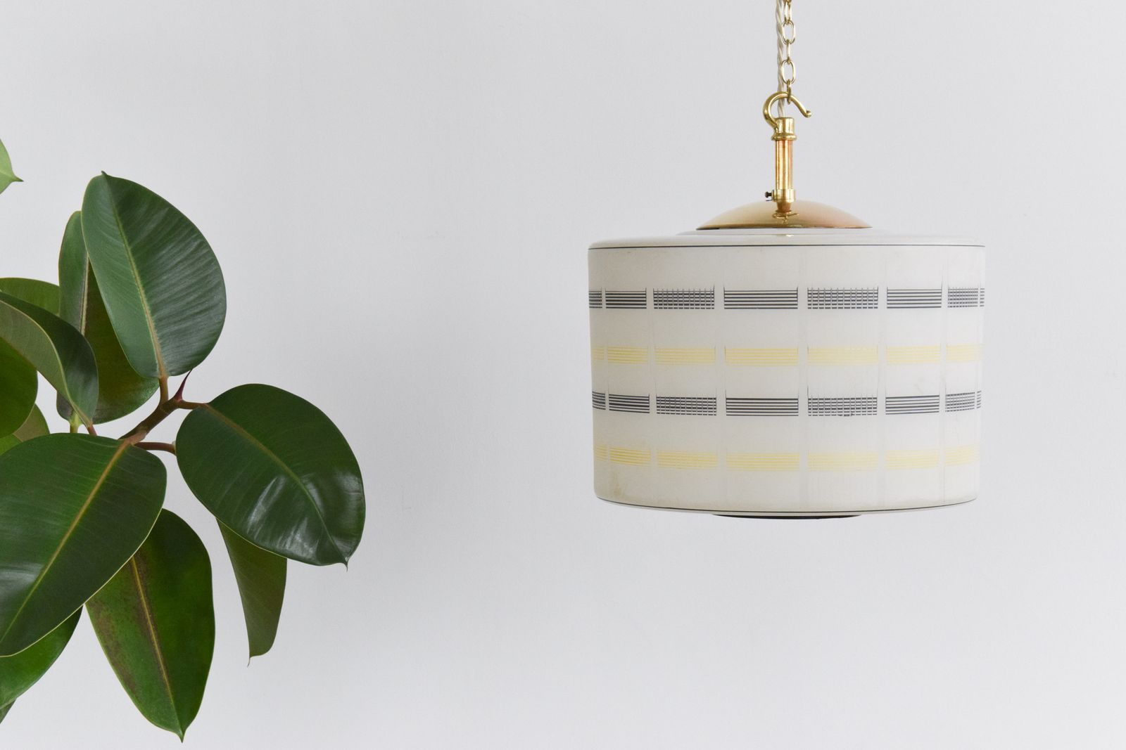 Vintage 1950s White Black And Yellow Patterned Glass Light Shade