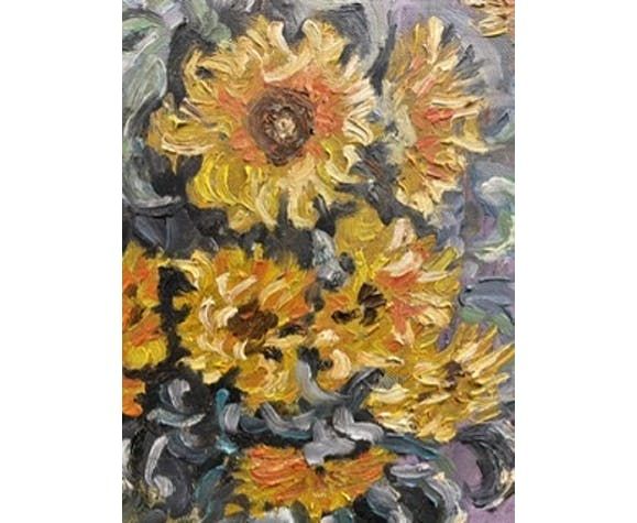 Still Life Painting With Sunflowers Oil On Canvas 60s / 70s photo buy