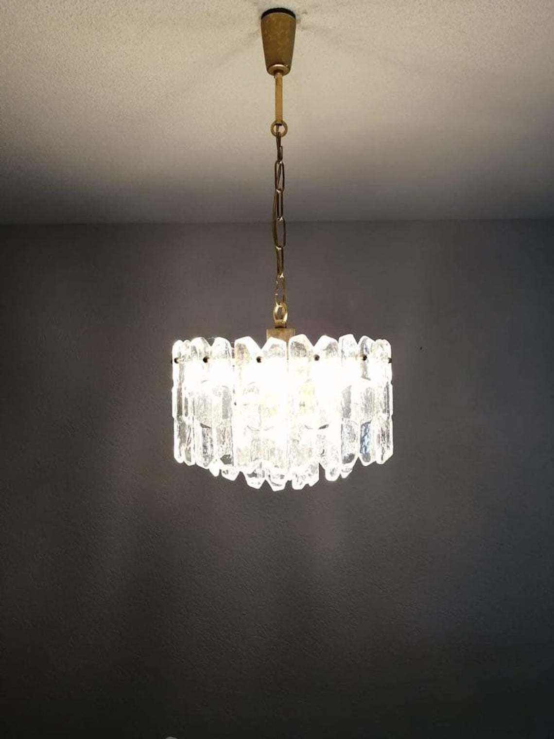 photo for sale J. T. Kalmar   Franken Kg Ice Glass & Brass Chandelier   1970s Austria