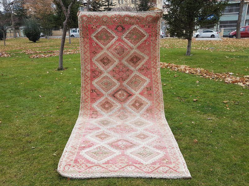 1970s Kitchen Rug, Area Rug Large Handwoven Wool Oushak Carpet Runner, Bohemian Decor Pastel Color Oriental Turkish Rug   4′11″ × 10′10″