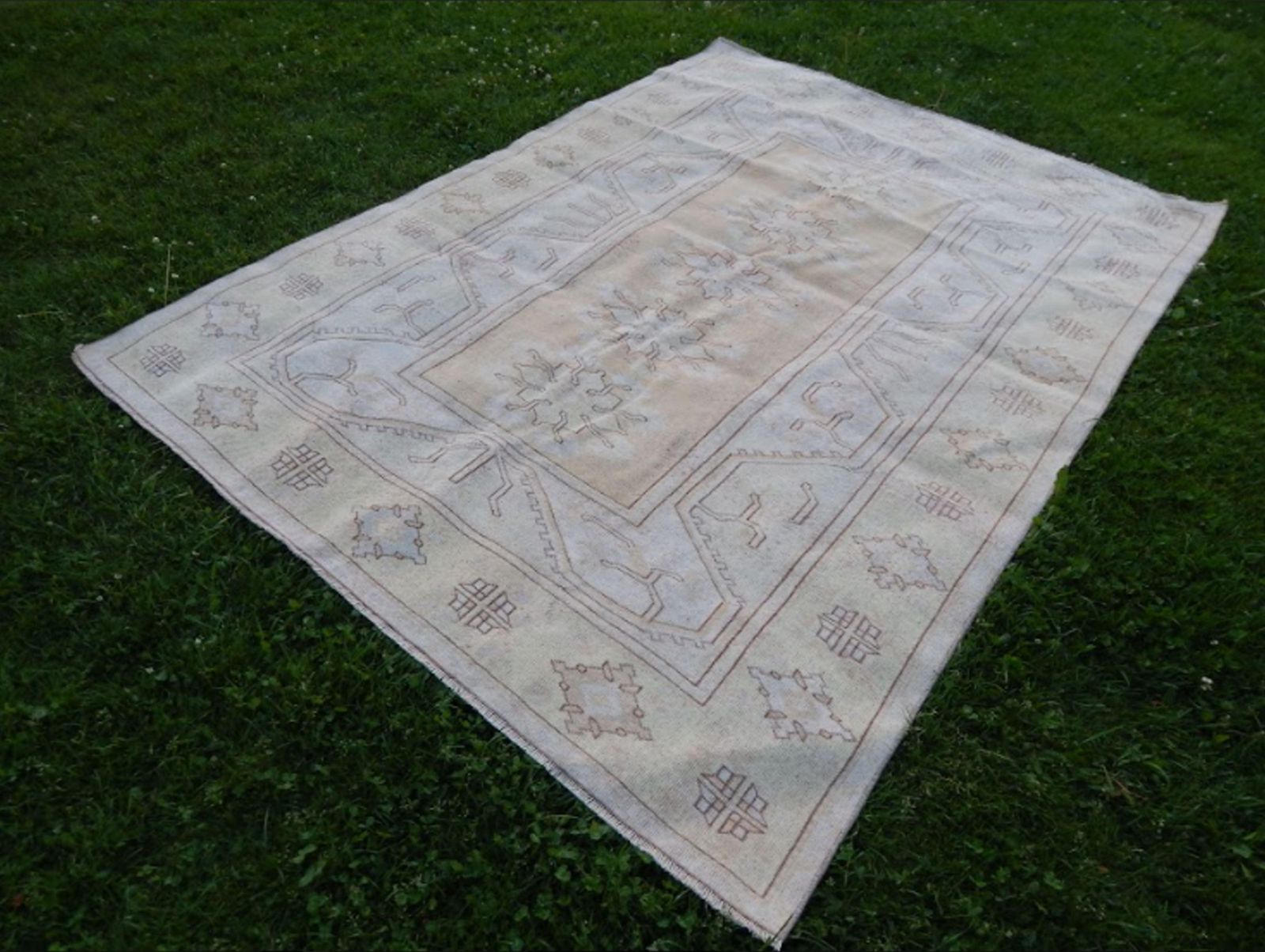 Vintage Hand Knotted Turkish Oushak Rug | Area Rug With Yellow Rich Border photo Textiles