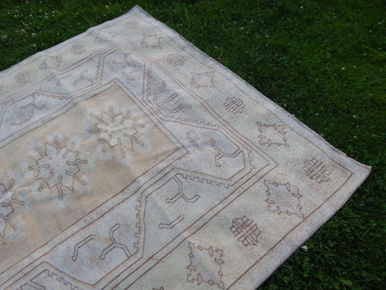 Vintage Hand Knotted Turkish Oushak Rug | Area Rug With Yellow Rich Border photo buy