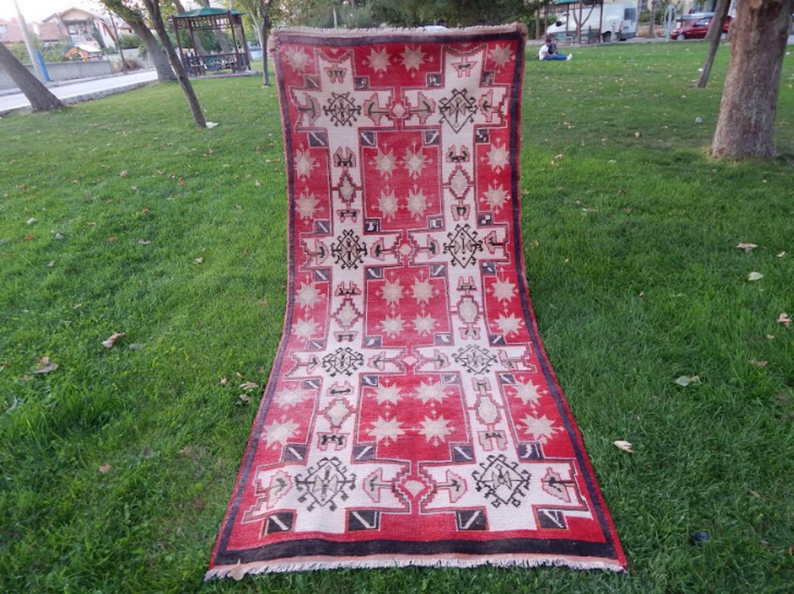 Vintage 1950s Turkish Anatolian Geometric Pastel Wool Wide Runner Oushak Rug 3′9″ × 8′2″ photo 525.0