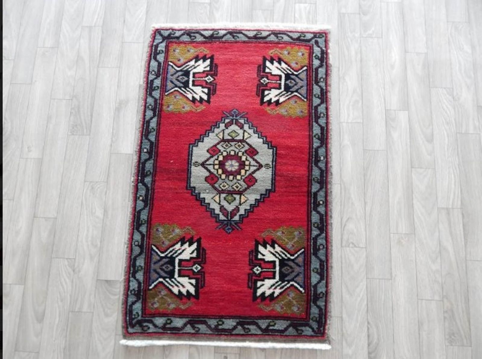 Small Turkish Rug Hand Knotted Distressed Low Pile Area Rug Faded Mat 1′9″ × 2′9″