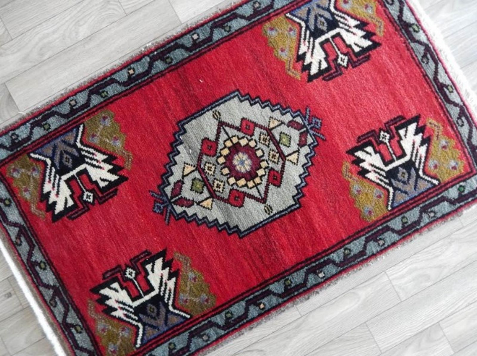Small Turkish Rug Hand Knotted Distressed Low Pile Area Rug Faded Mat 1′9″ × 2′9″ photo for sale