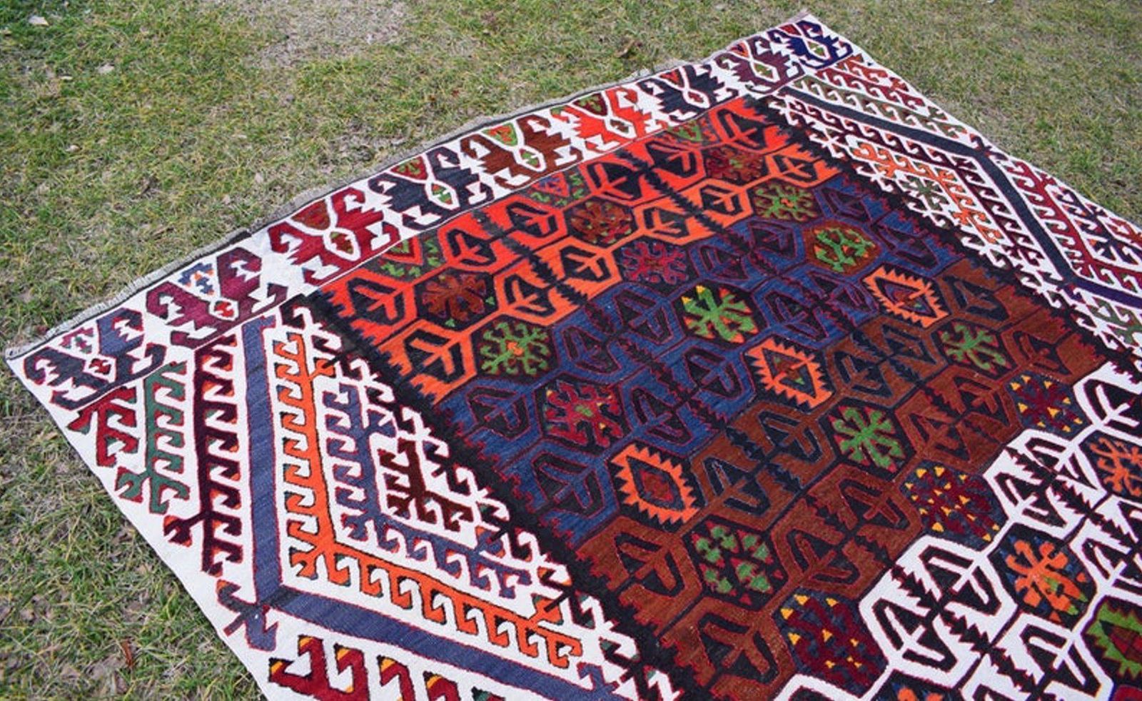 photo furniture Colorful Vintage Kilim Rug With Tribal Style, Boho Chic Flat Weave Turkish Kilim 6.2 X 14.6 Ft.