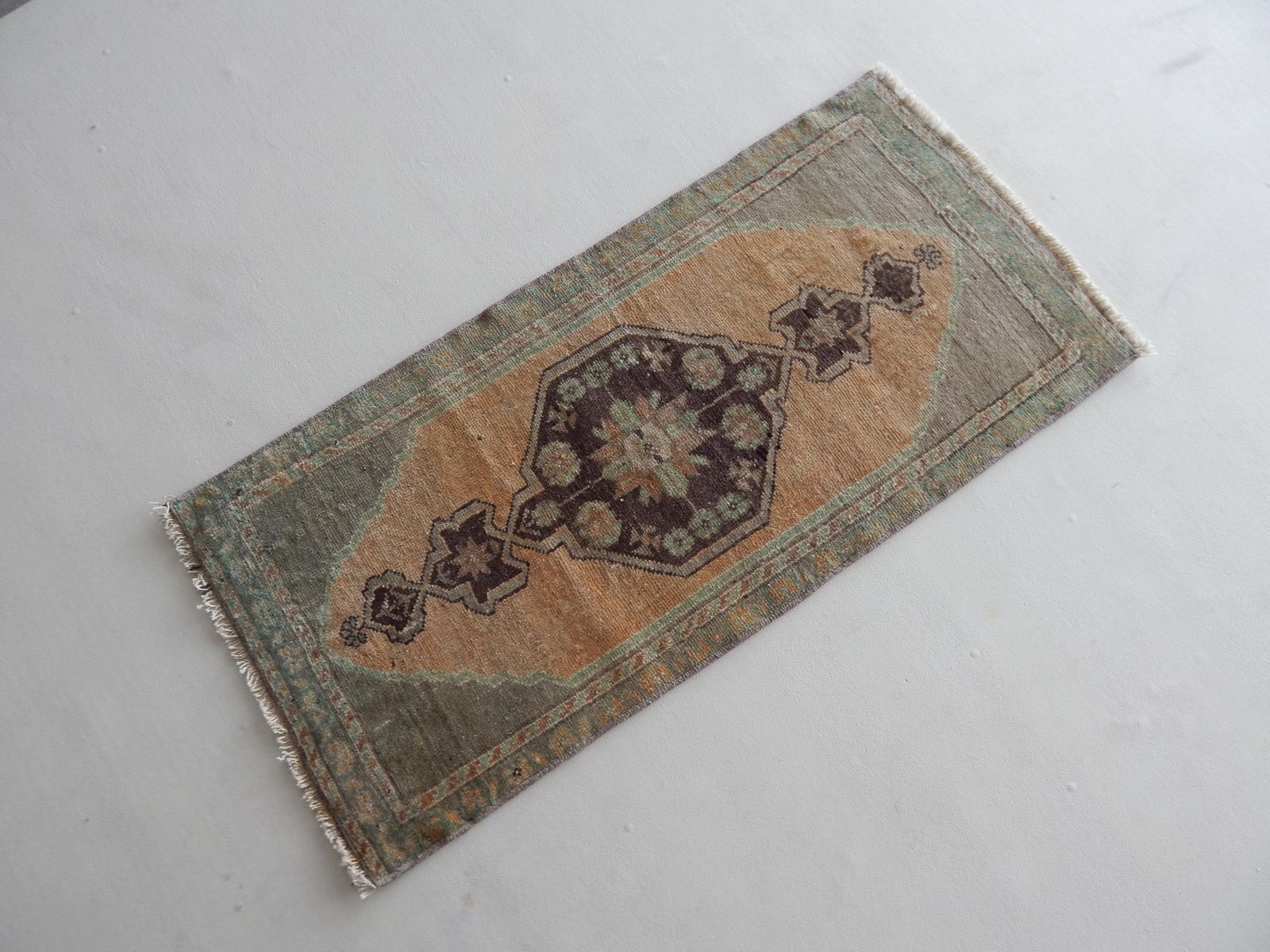 Distressed Low Pile Turkish Yastik Petite Rug Hand Knotted Faded Mat 19'' X 41' photo for sale