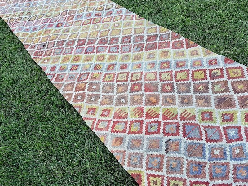1970s Handmade Wool Multi Color Staircase Turkish Kilim Rug Runner 3′3″ × 16′3″ photo vinterior