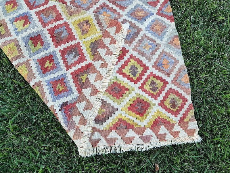 photo for sale 1970s Handmade Wool Multi Color Staircase Turkish Kilim Rug Runner 3′3″ × 16′3″