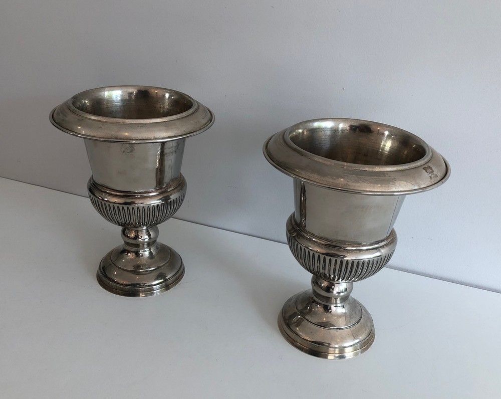 Pair Of Small Medicis Style Silvered Metal Champagne Bucket. French. Circa 1940
