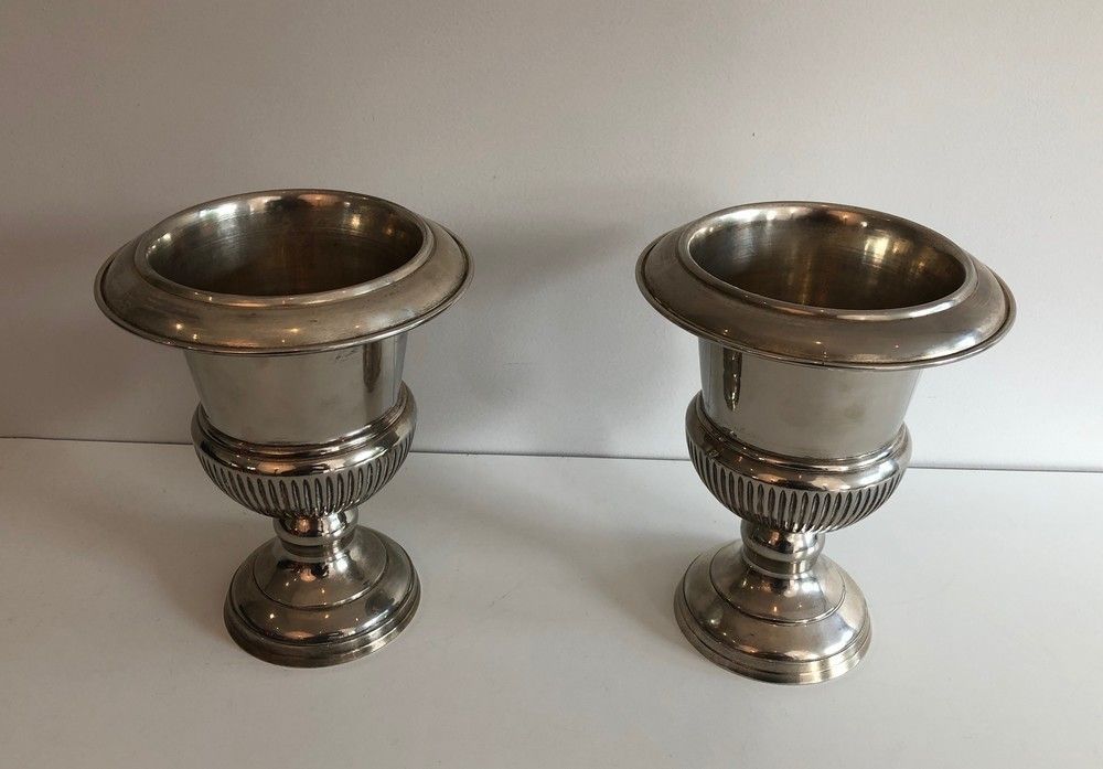 Pair Of Small Medicis Style Silvered Metal Champagne Bucket. French. Circa 1940 photo for sale
