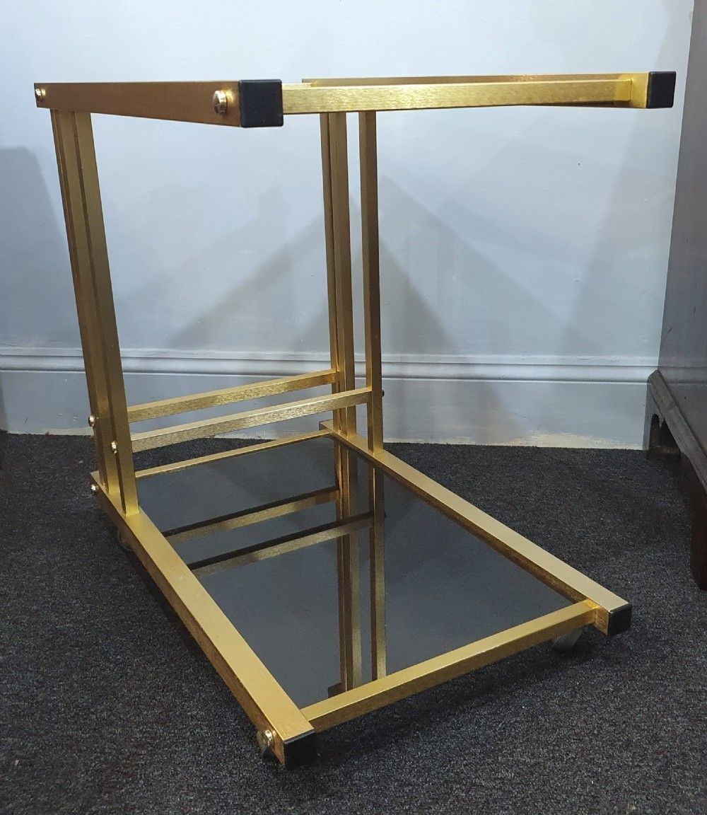 1970s Retro Vintage Drinks / Cocktail Trolley 2 Tier Smoked Black Glass & Brushed Gold Metal photo 690.0