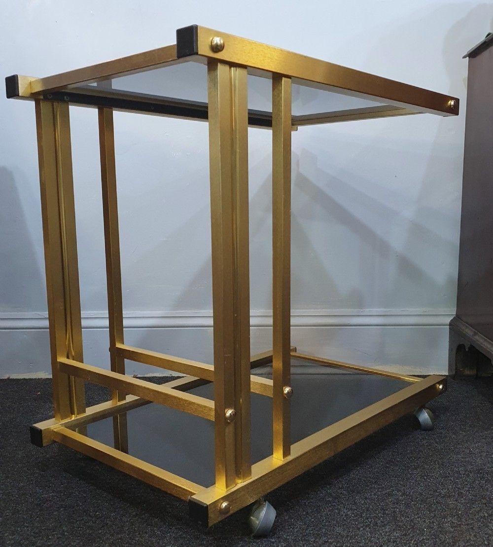 photo buy 1970s Retro Vintage Drinks / Cocktail Trolley 2 Tier Smoked Black Glass & Brushed Gold Metal