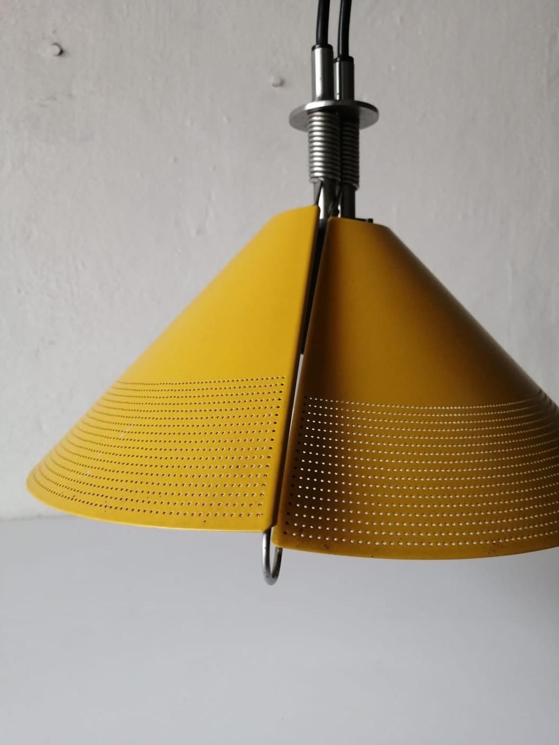 Wonderful Italian Sintheto Soffitto Yellow Metal Pendant Lamp By F. A. Porsche For Luci, 1980s Italy photo for sale