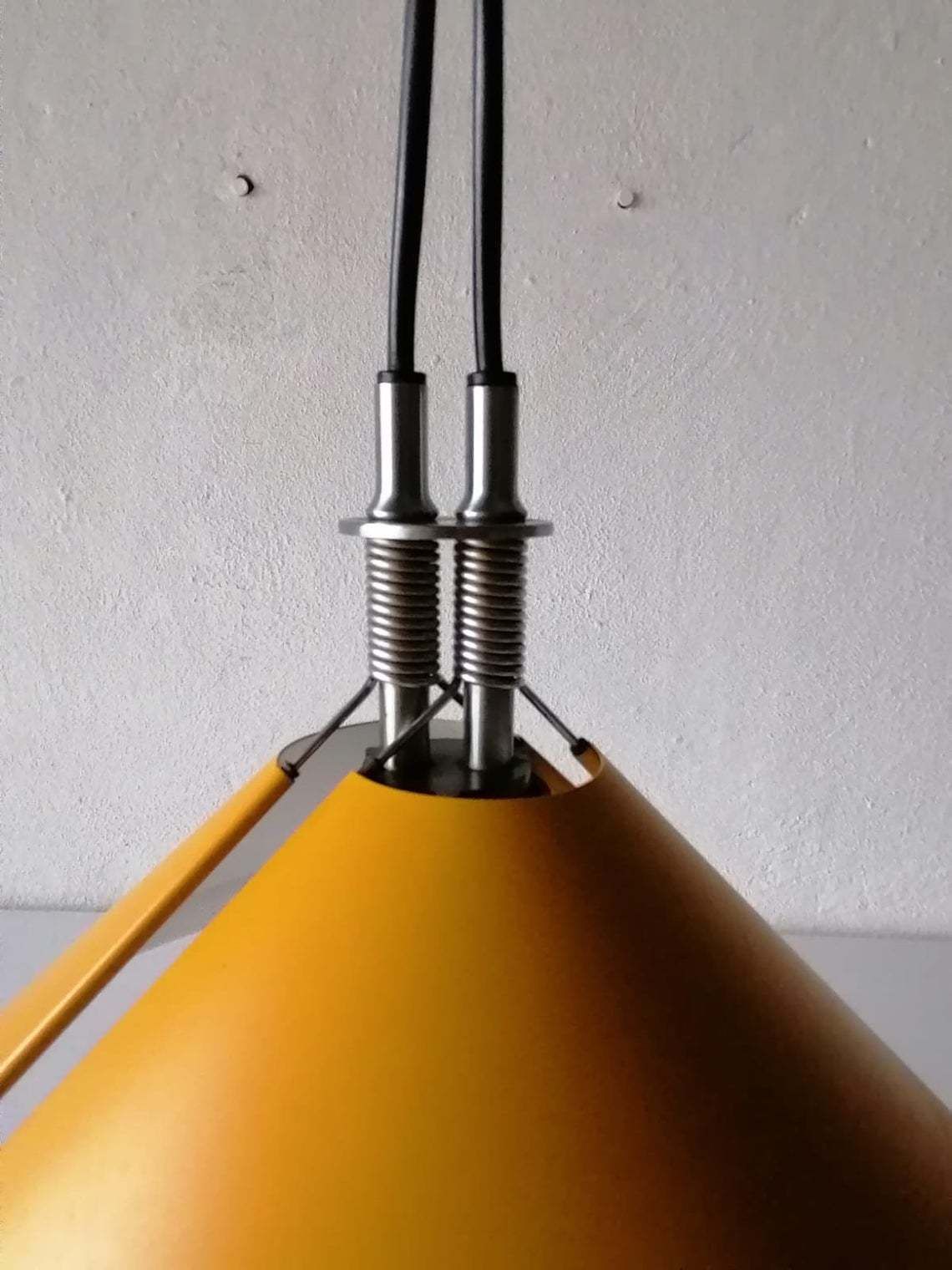 photo for sale Wonderful Italian Sintheto Soffitto Yellow Metal Pendant Lamp By F. A. Porsche For Luci, 1980s Italy