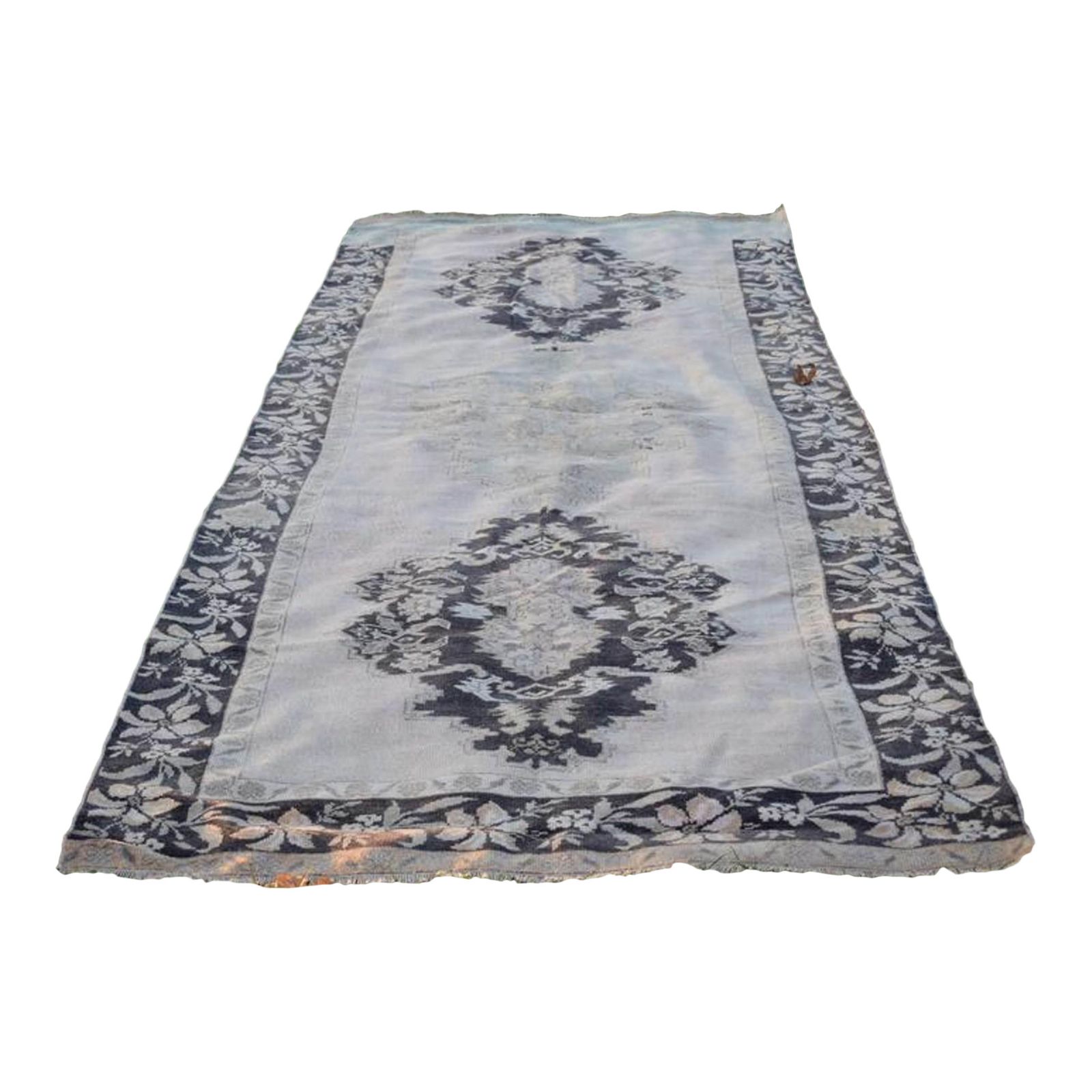 Modern Turkish Oushak Rug With Blue Field And Big Flower Medallions On Center, Accent Rug photo furniture