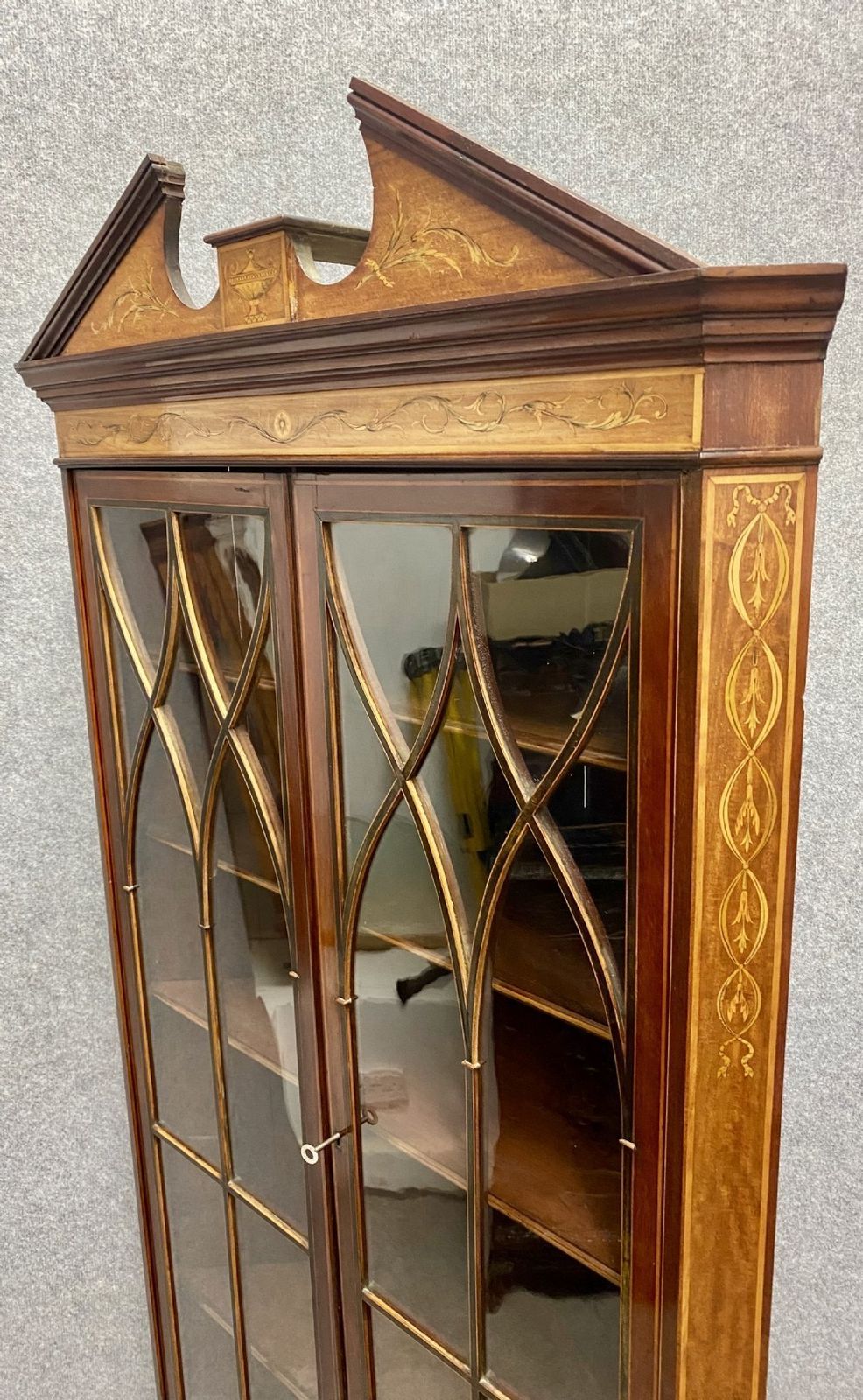 photo for sale Sheraton Revival Mahogany & Satinwood Inlaid Corner Cabinet