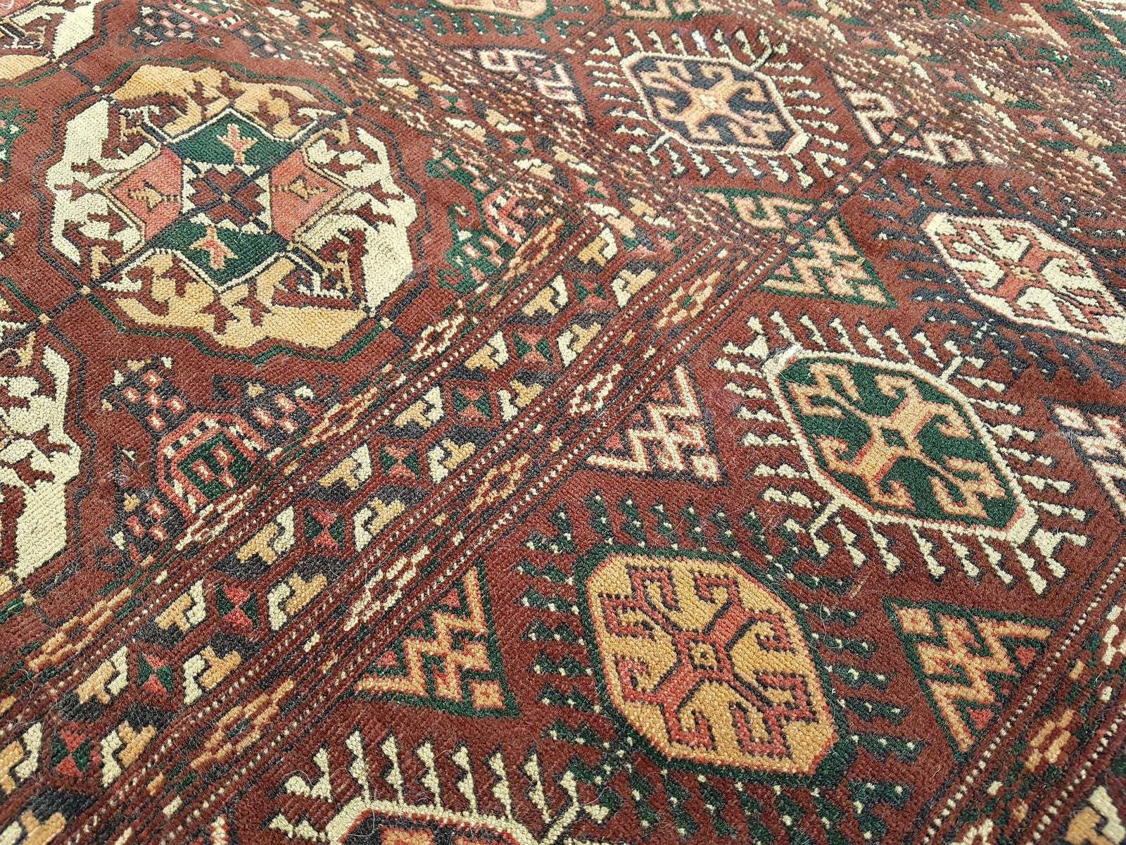 1950s Vintage Turkmen Wool Low Pile Tekke Bokhara Area Rug 8′7″ × 9′3″ photo vinterior