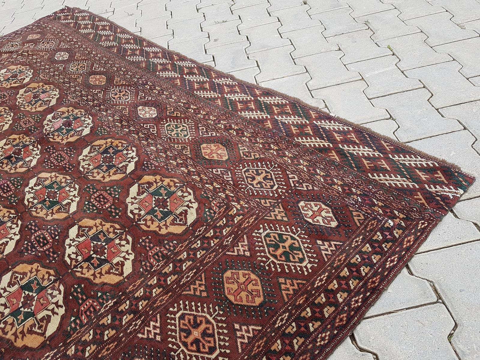 1950s Vintage Turkmen Wool Low Pile Tekke Bokhara Area Rug 8′7″ × 9′3″ photo buy