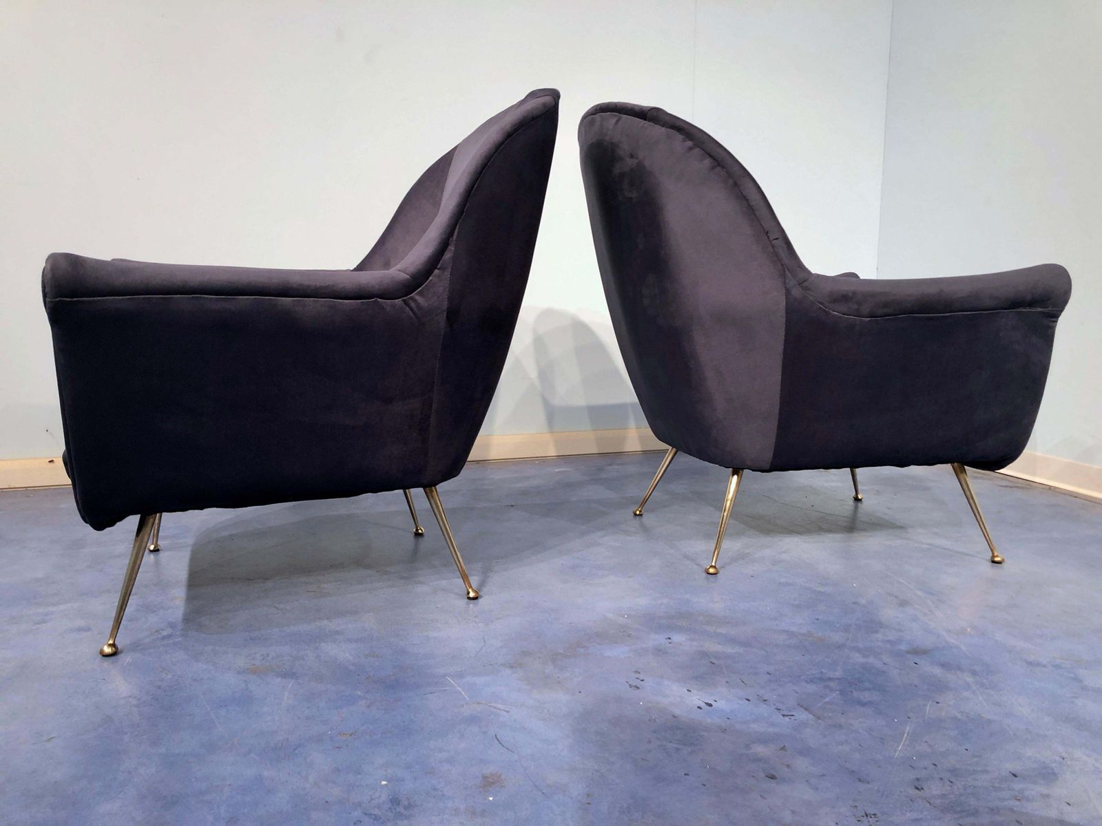Pair Of Italian Midcentury Midnight Blue Velvet Armchairs, Gio Ponti Style 1950s photo Furniture