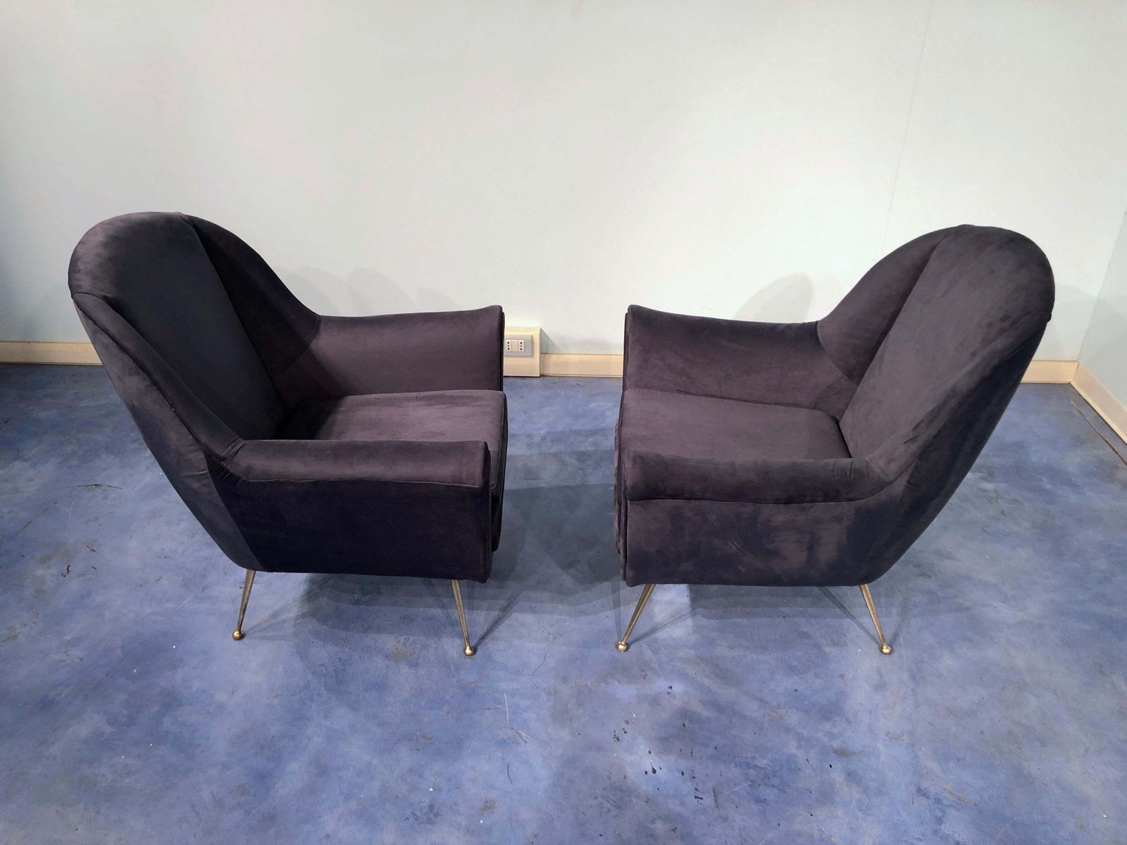 Pair Of Italian Midcentury Midnight Blue Velvet Armchairs, Gio Ponti Style 1950s photo buy