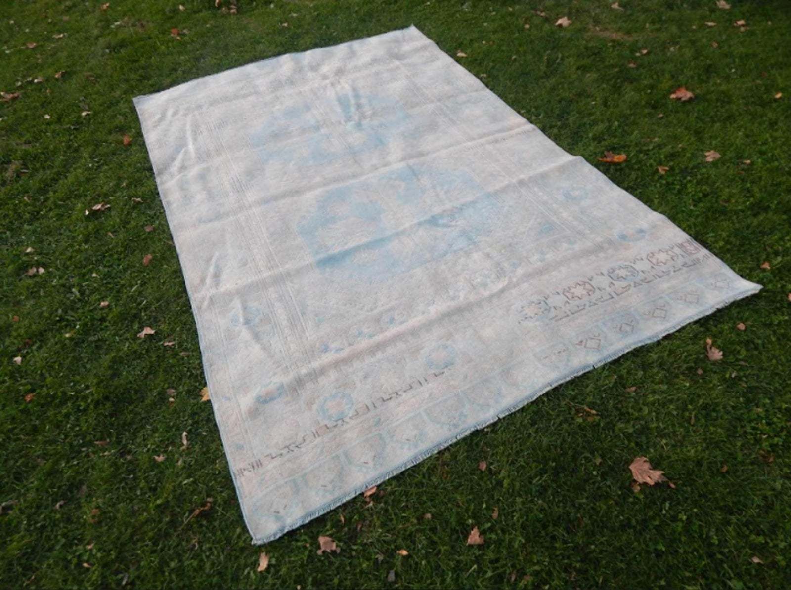 Vintage 1960s Anatolian Geometric Distressed Kars Wool Oushak Rug