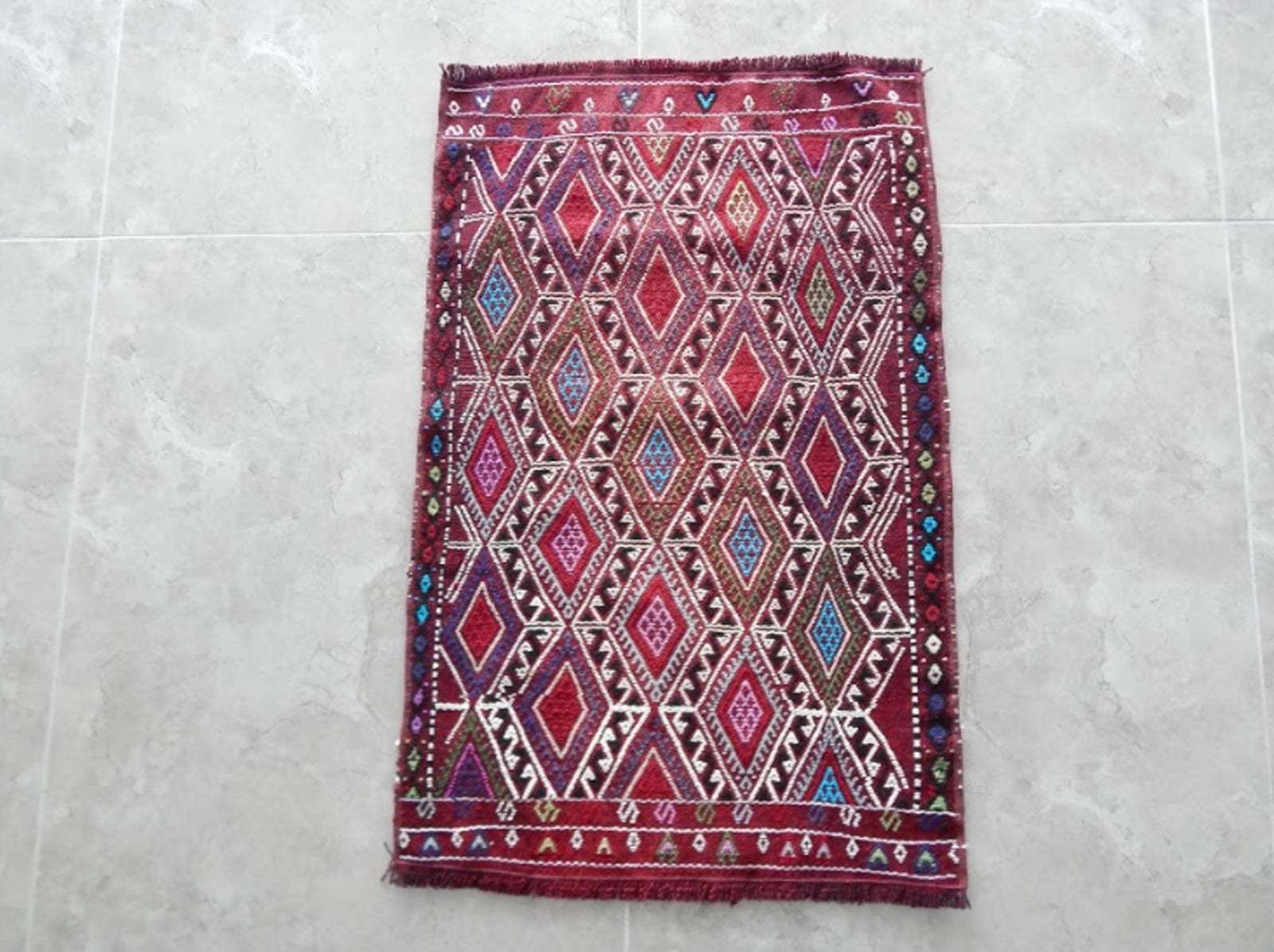 Vintage Geometrical Turkish Cicim Kilim Rug 1′10″ × 2′9″