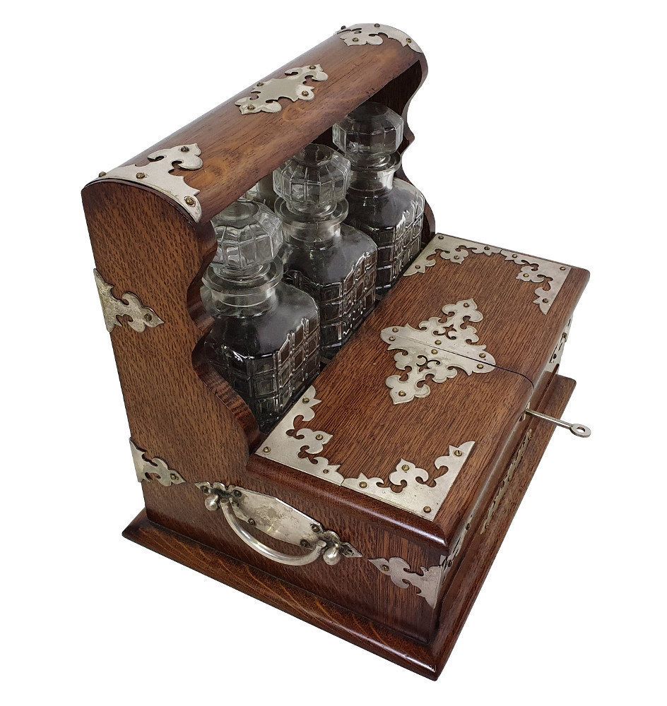 19th Century Oak Cased Tantulas Games Box With Three Decanters photo furniture