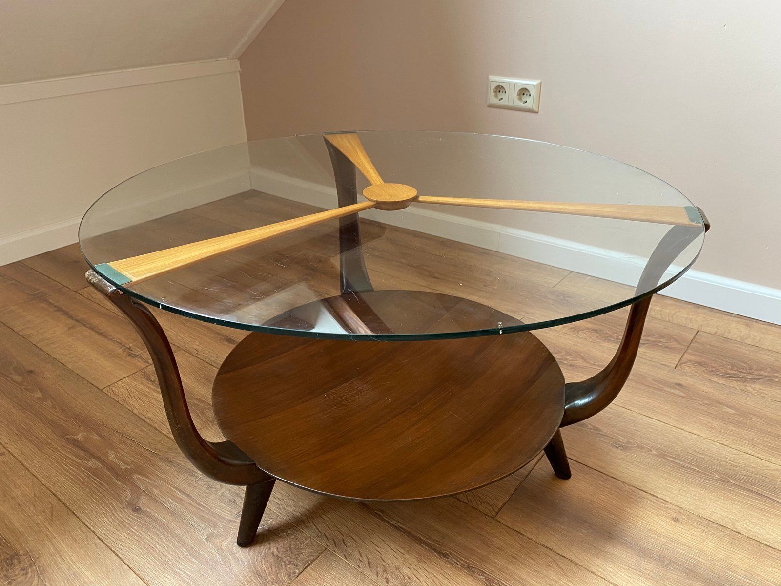 Mid Century Italian Round Ik Wood And Glass Coffee Table, 1950s photo vintage