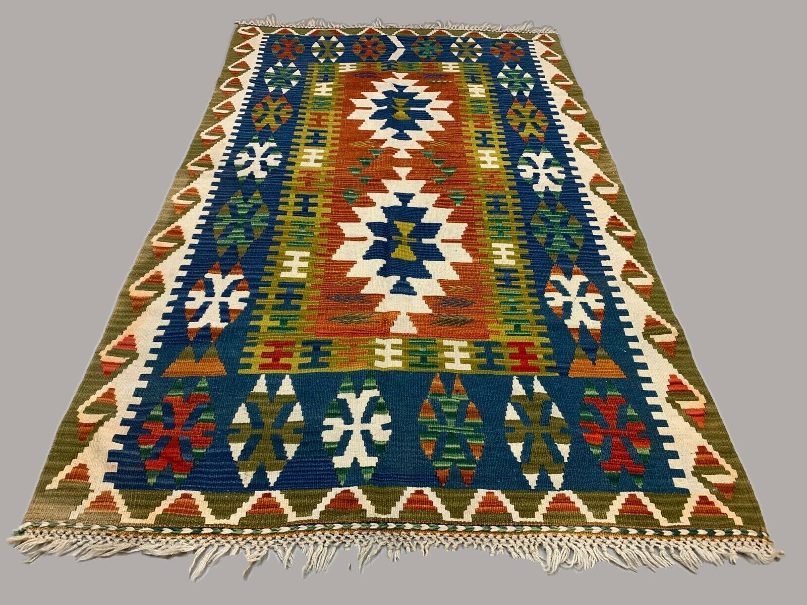 Vintage Turkish Kilim 230x142 Cm Tribal Kelim Rug, Blue, Red, Beige, Green Large photo for sale