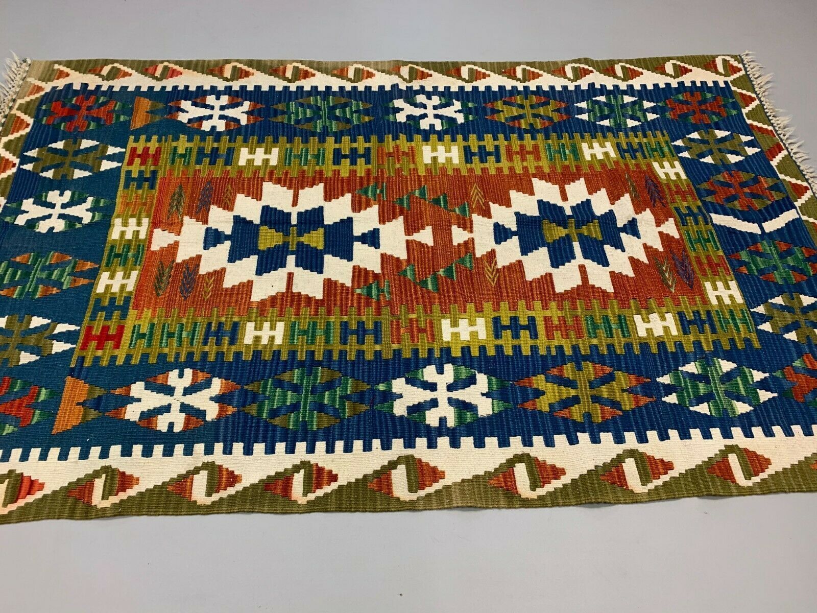 Vintage Turkish Kilim 230x142 Cm Tribal Kelim Rug, Blue, Red, Beige, Green Large photo Textiles