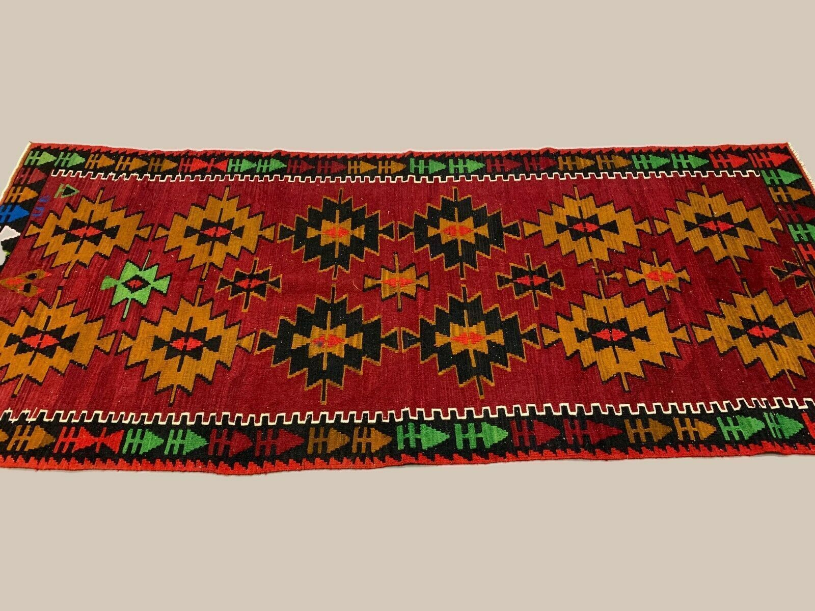 Vintage Turkish Kilim 283x121 Cm Wool Kelim Rug Large Red Black Purple Runner photo Textiles