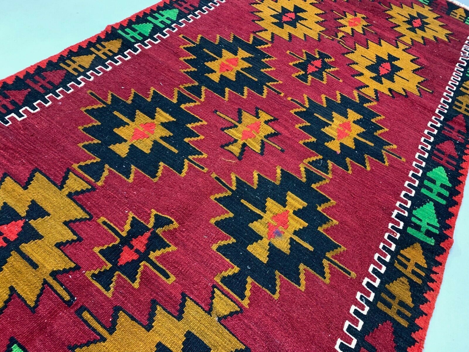 photo furniture Vintage Turkish Kilim 283x121 Cm Wool Kelim Rug Large Red Black Purple Runner