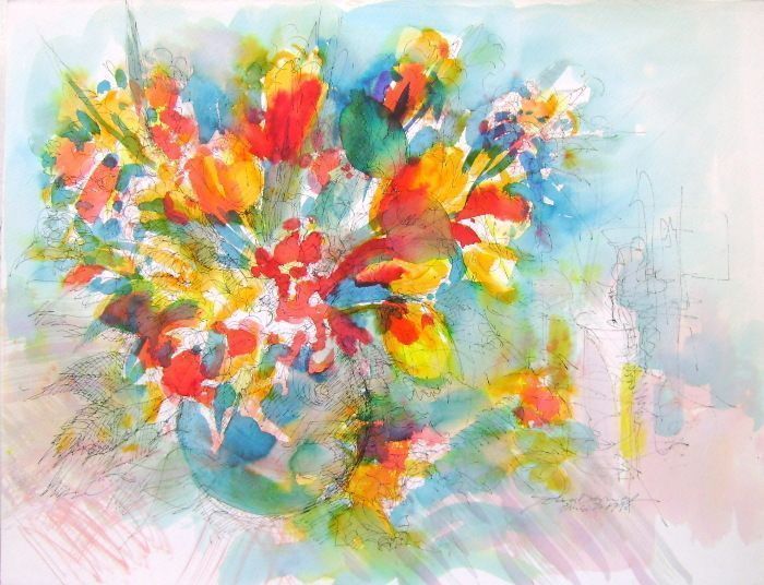 Deniel Jean Claude Original Watercolor Bouquet Of Flowers