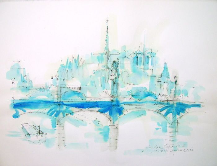 Deniel Jean Claude   Original Watercolor   Paris Le Pont Des Arts