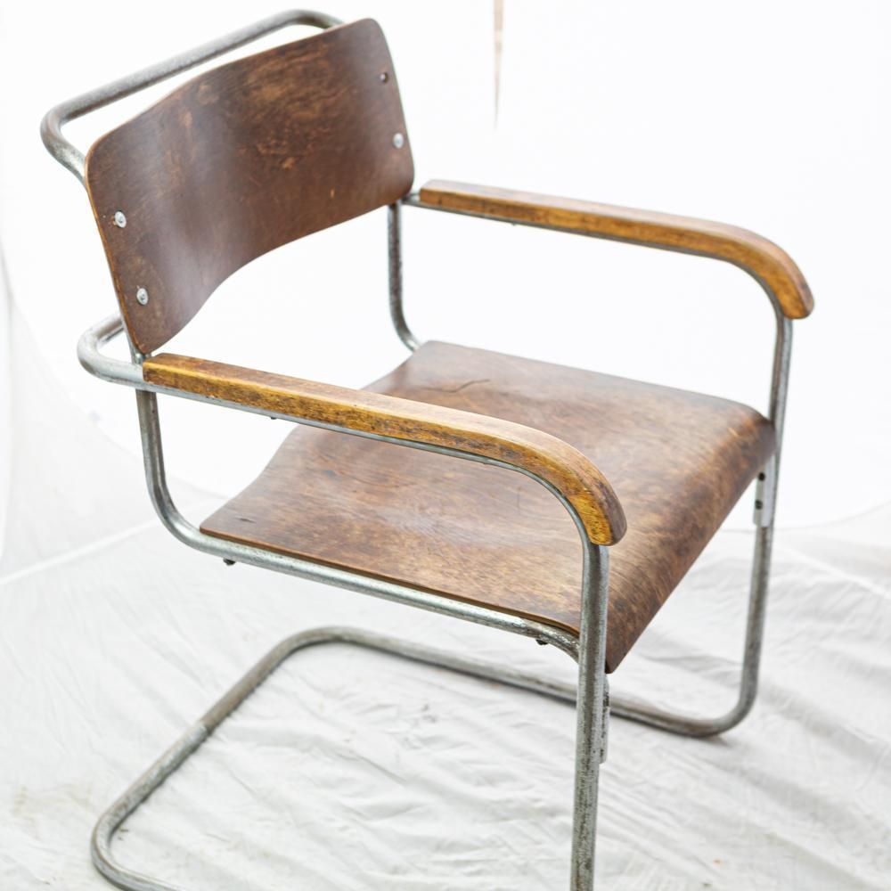 Furniture Reclaimed Bauhaus Wooden And Chrome Chair photo