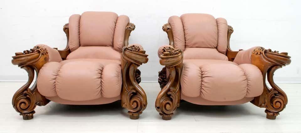 Pair Of Mid Century Modern Italian Liberty Style Leather Armchairs, 1950s photo for sale