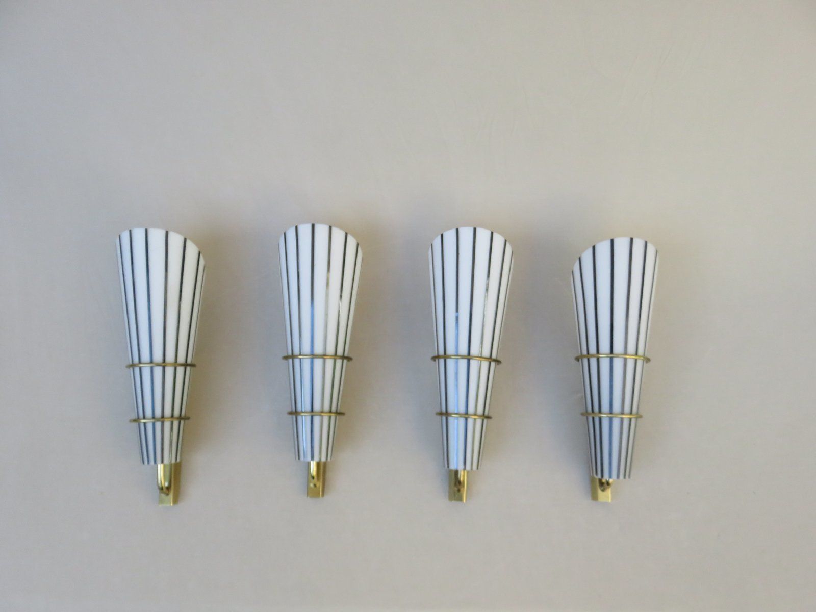 Extraordinary And Elegant Italian Black And White Striped Enamel Glass And Brass Sconces, 1950s, Set Of 4 photo vinterior