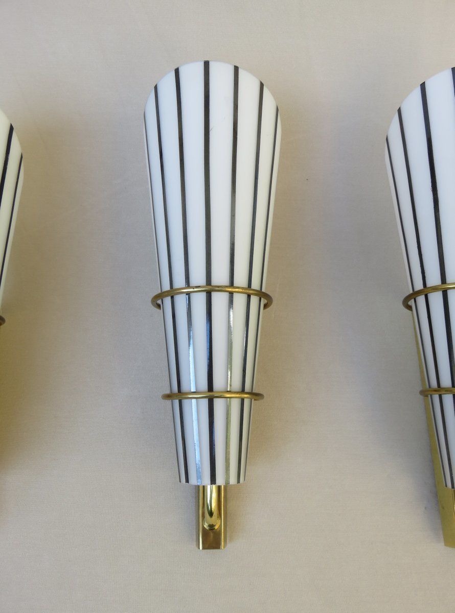 photo for sale Extraordinary And Elegant Italian Black And White Striped Enamel Glass And Brass Sconces, 1950s, Set Of 4