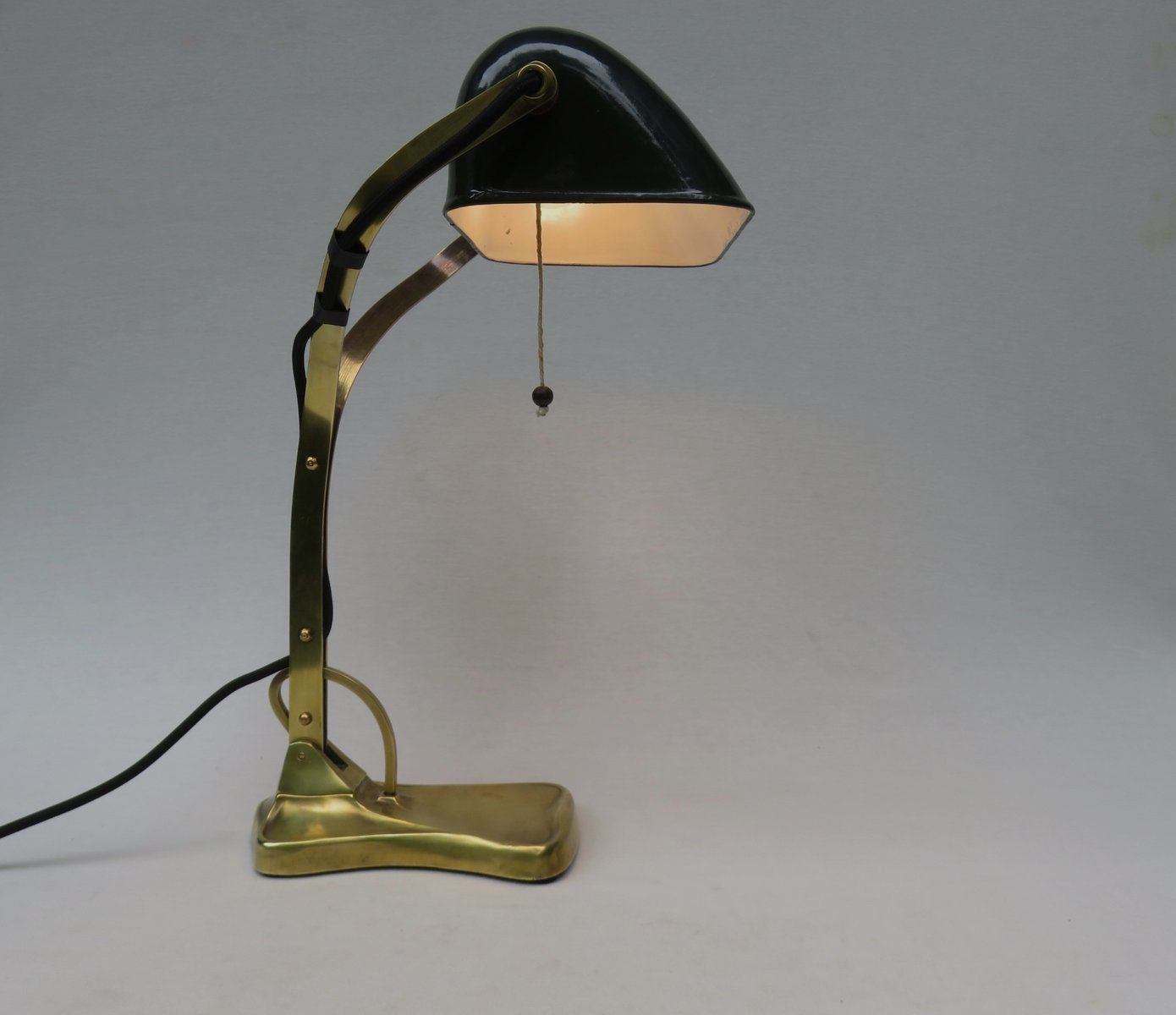 Antique Art Nouveau Enameled Brass Bankers Lamp With Dark Green Shade photo buy
