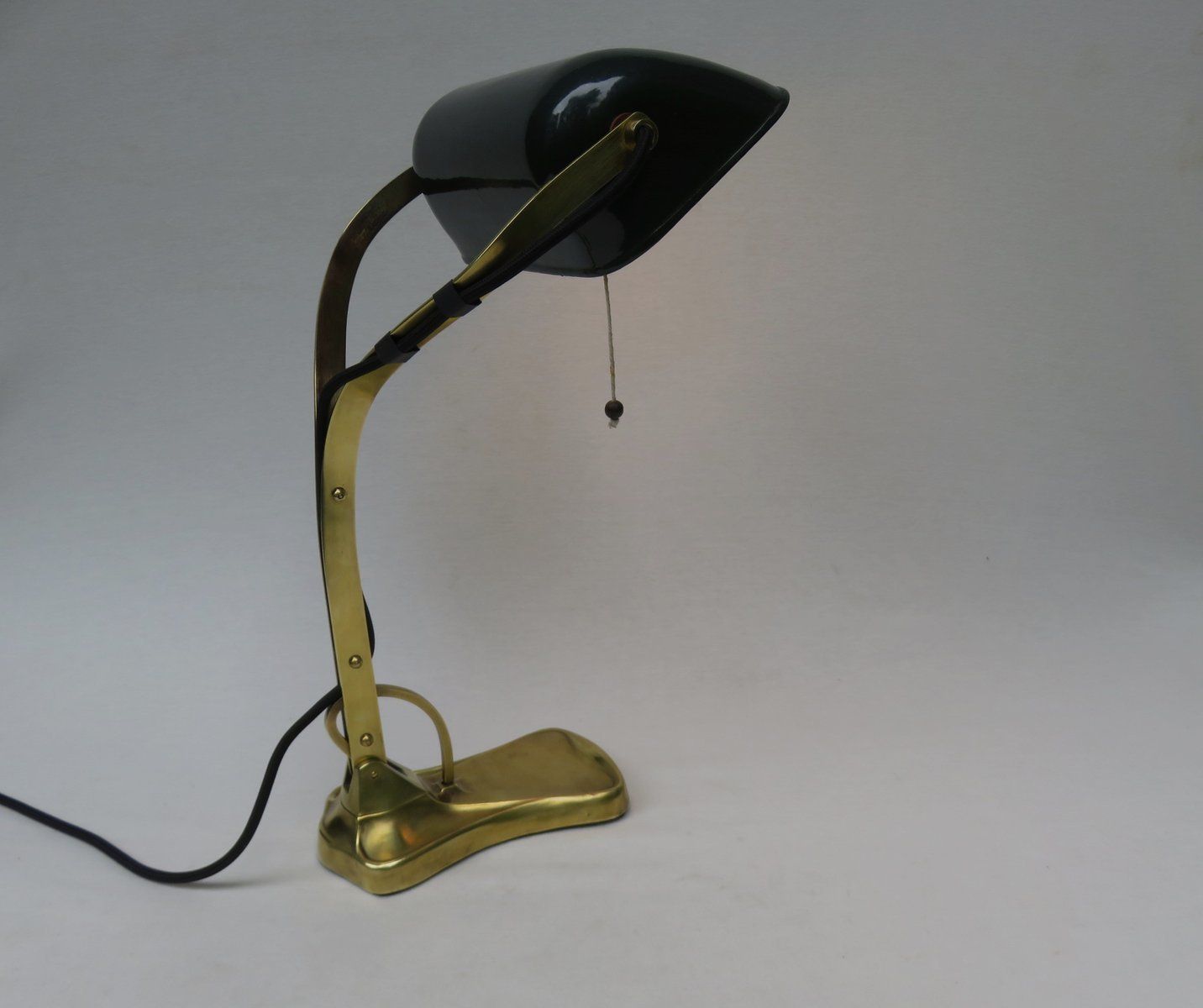 Antique Art Nouveau Enameled Brass Bankers Lamp With Dark Green Shade photo vintage