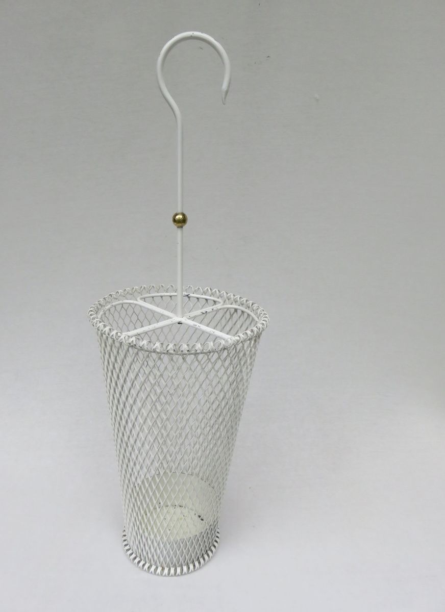 Mid Century White & Yellow Metal & Brass Umbrella Stand, Tray, & Jug, Set Of 3 photo furniture