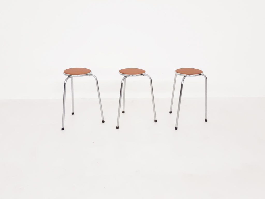 Set Van 3 Chromen Krukken Met Cognackleurige Leren Bekleding, Ca. Jaren 1960 photo furniture