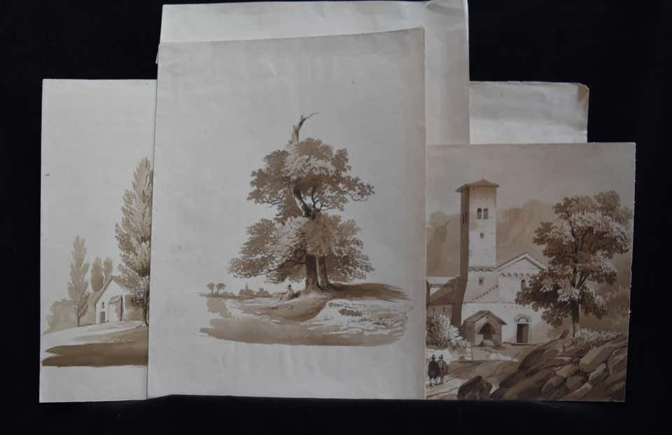 Unknown France 19th Century, A Set Of 7 Drawings, Landscapes And Farms, Ink Wash On Pape 1843