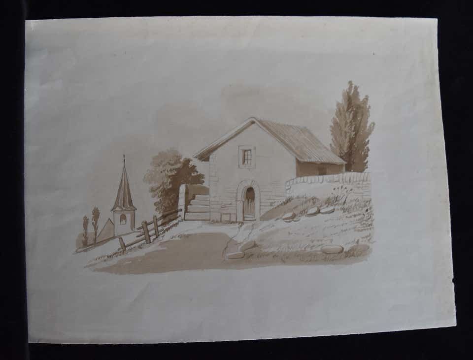 Unknown France 19th Century, A Set Of 7 Drawings, Landscapes And Farms, Ink Wash On Pape 1843 photo vintage