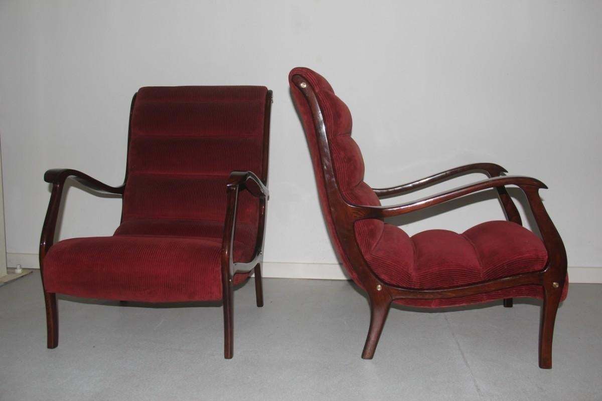 photo furniture Armchairs Arredamenti Corallo 1950 Red Velvet Walnut Curved Italian Design, Pair