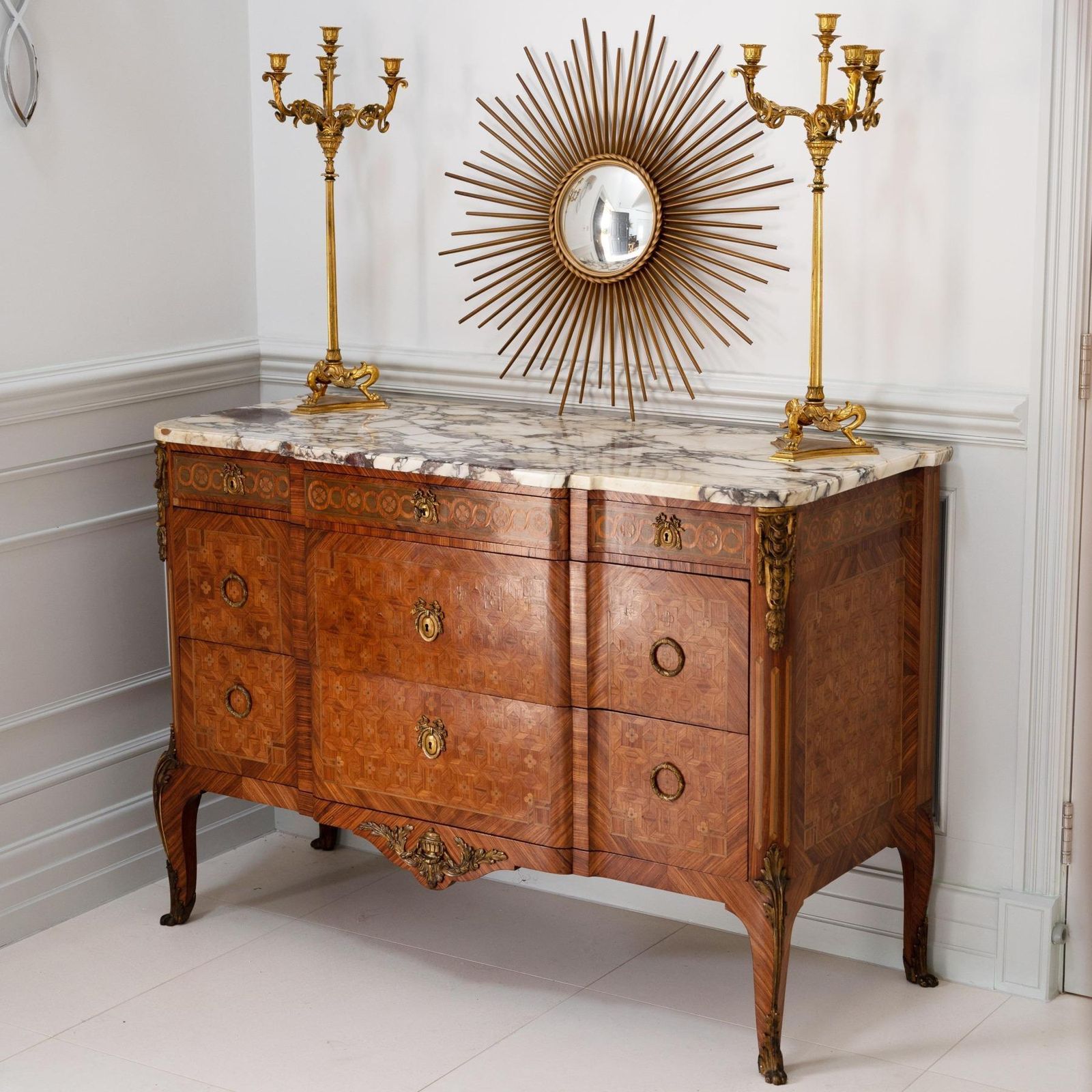 Late 19th C French Gilt Bronze Mounted Tulipwood And Kingwood Marble Topped Commode photo vintage