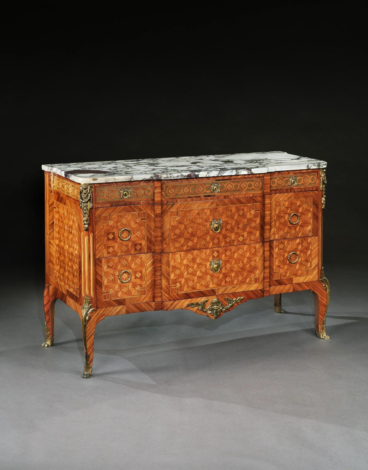 photo furniture Late 19th C French Gilt Bronze Mounted Tulipwood And Kingwood Marble Topped Commode