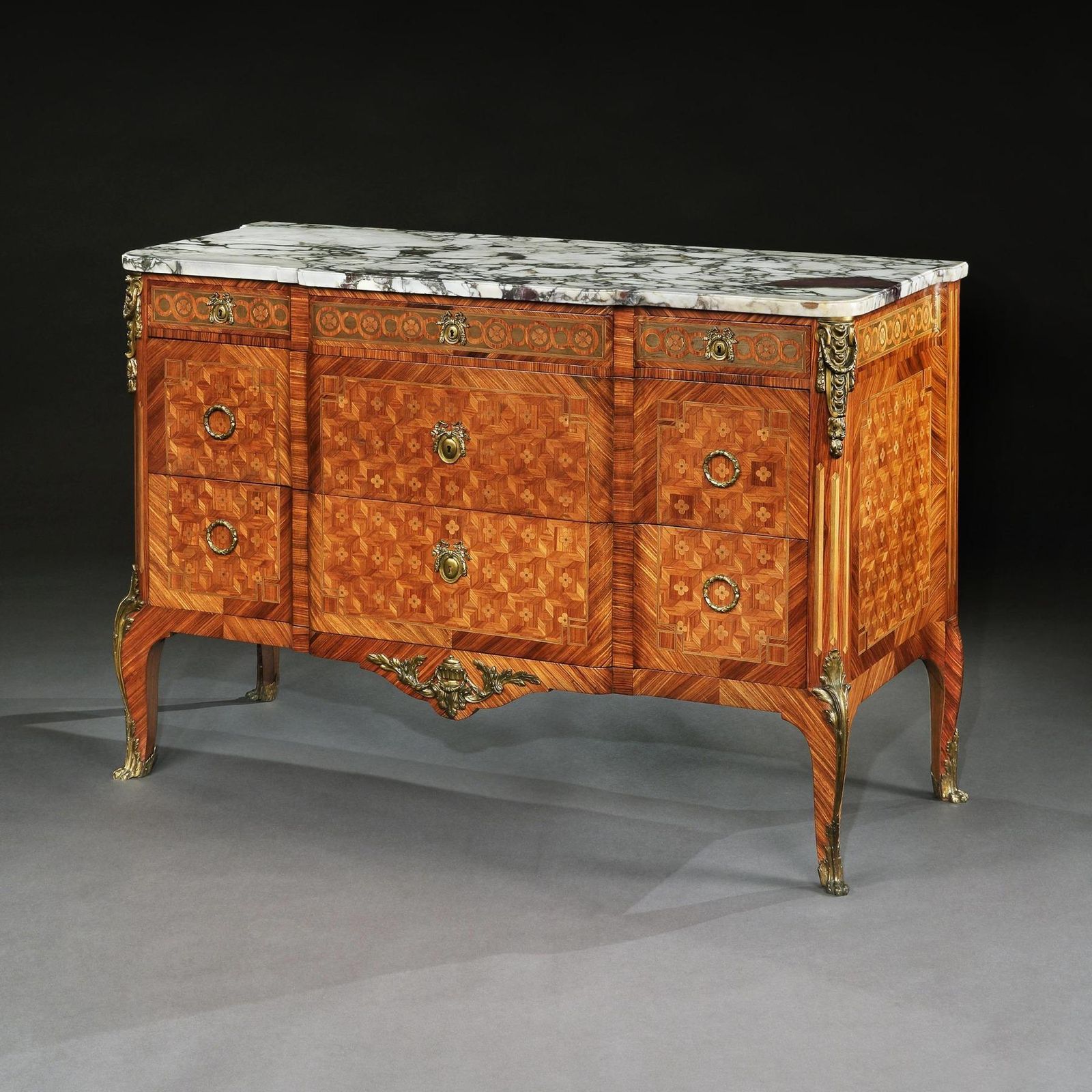 photo for sale Late 19th C French Gilt Bronze Mounted Tulipwood And Kingwood Marble Topped Commode